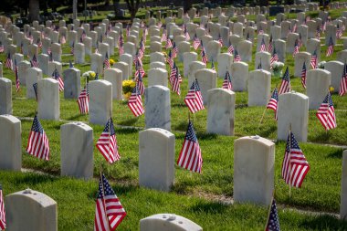 Anma Günü için Amerikan bayraklarıyla süslenmiş askeri mezar taşları.