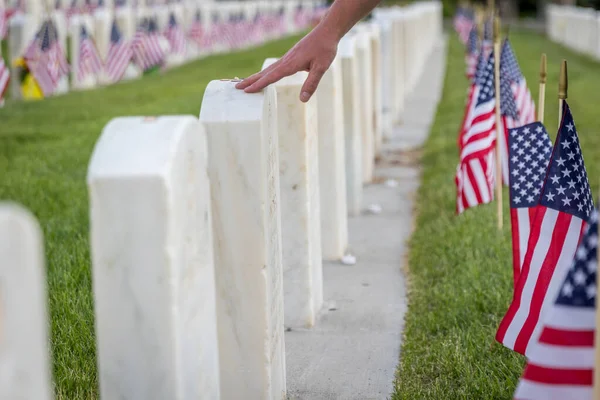 Anma Günü Için Amerikan Bayraklarıyla Süslenmiş Askeri Mezar Taşları Stok Fotoğraf