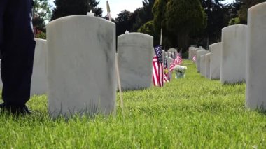 Man Putting Flowers by Military Headstone