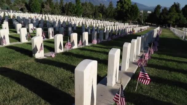 Militaire Begraafplaats Met Grafstenen Versierd Met Amerikaanse Vlaggen Voor Memorial — Stockvideo