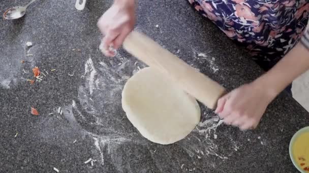 Lady Using Rolling Pin Flatten Pizza Dough — Wideo stockowe
