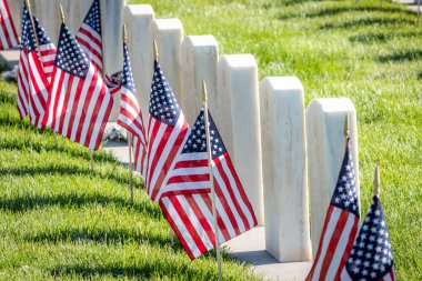 Anma Günü için Amerikan bayraklarıyla süslenmiş silahlı kuvvetler mensuplarını onurlandıran askeri mezar taşları.