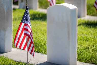 Anma Günü için Amerikan bayraklarıyla süslenmiş silahlı kuvvetler mensuplarını onurlandıran askeri mezar taşları.