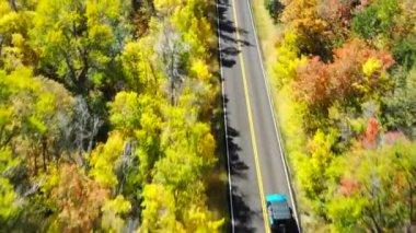 Dağ Ormanı Yolu üzerindeki İHA Hava Aracı Yolda Mavi Bir Araba İzliyor