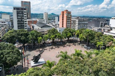 Pereira, Risaralda, Colombia. February 3, 2022: Bolivar square landscape with blue sky. clipart
