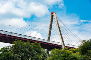 Pereira, Risaralda, Kolombiya. 23 Şubat 2022: Çar Gaviria Trujillo Viaduct, Pereira şehrini Dosquebradas belediyesine bağlayan ve vadiyi geçen kablo destekli bir köprüdür.