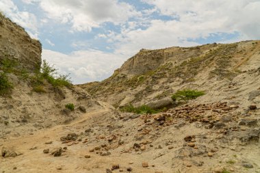 Mavi gökyüzü ile Tatacoa çölünde panoramik manzara. Huila, Kolombiya.