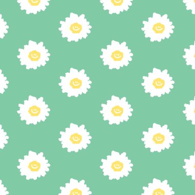 Çizgi film tarzında gülen yüz desenli papatya çiçeğinin el çizimi tasviri. Tekstil, kumaş, ambalaj kağıdı deseni.