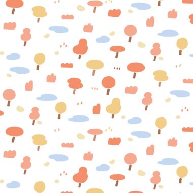 Çizgi film tarzında el çizimi orman deseni çizimi. Çocuklar için ağaç karalama duvar kağıdı tekstil, kumaş, ambalaj kağıdı, basılı ürünler. Çok basit..