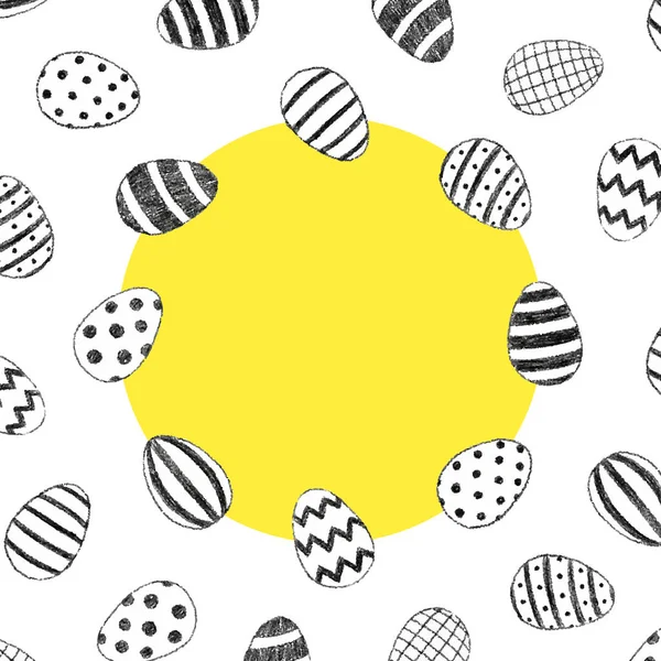 Paskalya yumurtalarının el çizimi vektör çizimi, beyaz arkaplandaki yazı için boş alana ayarlanmış. Paskalya yumurtaları harf için sınır çerçevesinde. Daire şeklinde..