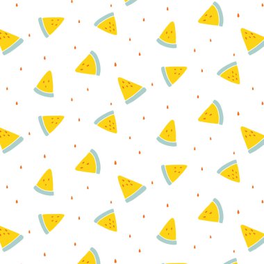 Beyaz arka planda kusursuz karpuz deseni. El çizimi vektör çizimi. Çizgi film tarzında desen.