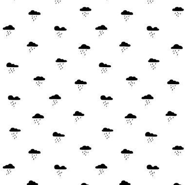 Siyah bulut yağmur damlalarının el çizimi tasviri.