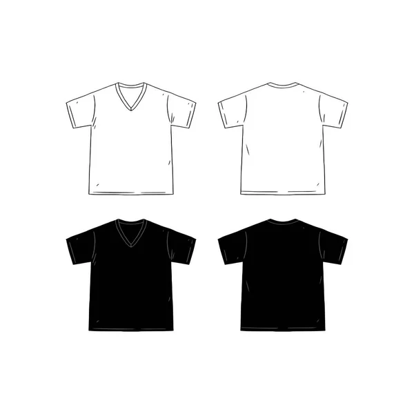 一套空白V领T恤设计模板手绘矢量图解 前面和后面的衬衫侧面 白色背景的白色和黑色男性T恤 — 图库矢量图片