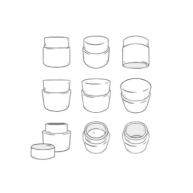 Beyaz arkaplanda boş şablon ambalajlama ön profil yan görünümü el çizimi vektör çizimi. Beyaz plastik kozmetik kavanoz ürünü.