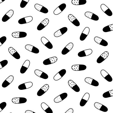 Siyah ve beyaz olarak hap kapsülü tıp modelinin el çizimi vektör çizimi.