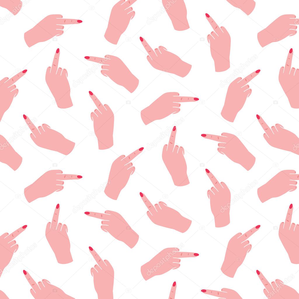 Hand drawn vector illustration of woman hand showing middle finger up pattern.