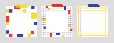 Boş not defteri el çizimi vektör illüstrasyonunu Piet Mondrian tarzında ayarlayın. Etiket, not, not ve liste için şablon kağıdı. İzole edilmiş.