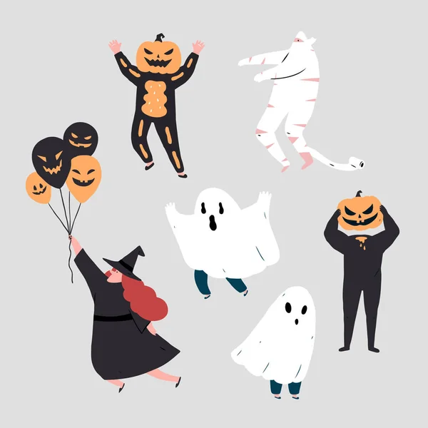 Vector Illustration Funny Halloween Costumes Set Isolated White — стоковый вектор