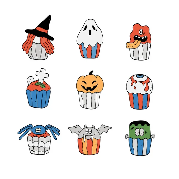 Vector Illustratie Van Schattige Halloween Cupcakes Set Isolated Wit — Stockvector