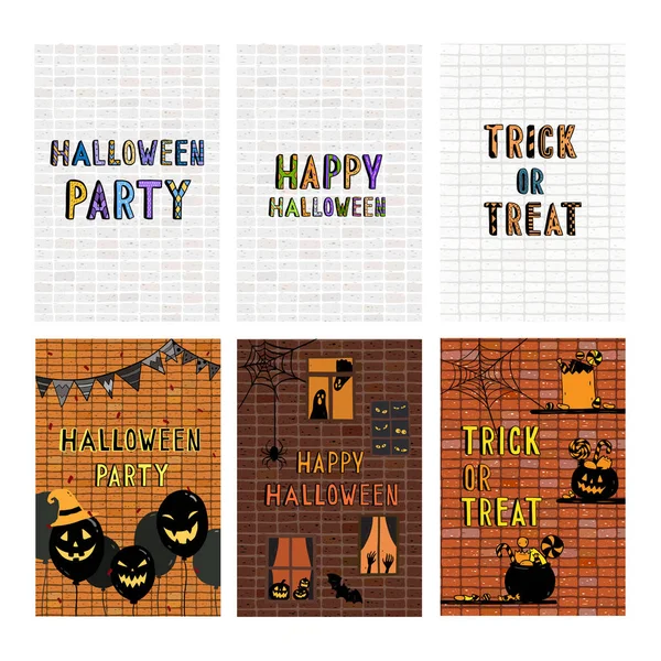 Handgetekende Vector Illustratie Van Halloween Wenskaart Set Happy Halloween Party — Stockvector