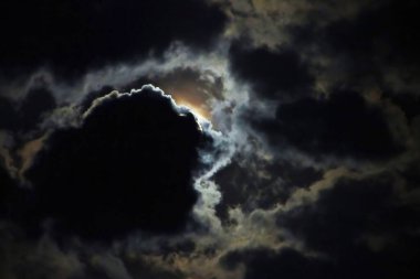 Gece gökyüzü. Ay bulutlar tarafından gizleniyor. Kasvetli atmosfer.