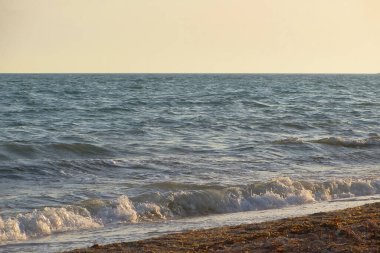Güneşli bir yaz gününde gün batımında plaj. Sahilde deniz günbatımı manzarası. Deniz dalgası gün batımı renginde karaya çıktı. Batan güneşin ılık, yumuşak renklerinde. Dalgalar denize yuvarlanıyor.