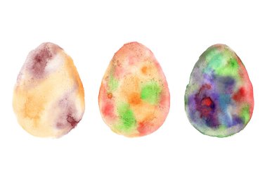 El yapımı suluboya kuş yumurtaları illüstrasyon koleksiyonu izole edildi. Kağıt dokusunda Paskalya öğeleri. Tatil baharı veya suluboya için sulu yumurta