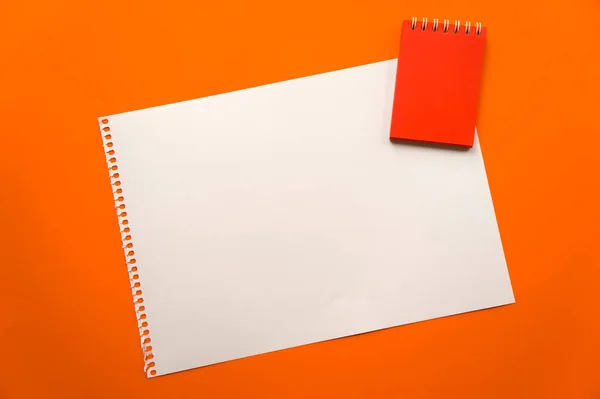Blank sheet of paper space for design and lettering on a beautiful orange background red notepad sheet. Perforated sheet torn from notepad obliquely lying on the surface. Square sheet of paper copyspace
