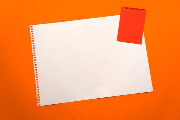 Blank sheet of paper space for design and lettering on a beautiful orange background red notepad sheet. Perforated sheet torn from notepad obliquely lying on the surface. Square sheet of paper copyspace
