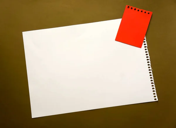 Blank sheet of paper space for design and lettering on a beautiful craft background red notepad sheet. Perforated sheet torn from notepad obliquely lying on the surface. Square sheet of paper copyspace