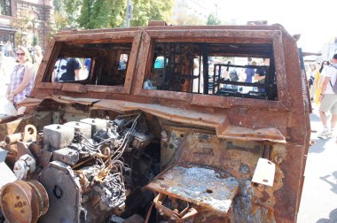 Kyiv, Kyiv Ukraine, August 21 2022: Russian military equipment destroyed. Display for Independence Day parade on Khreshchatyk street