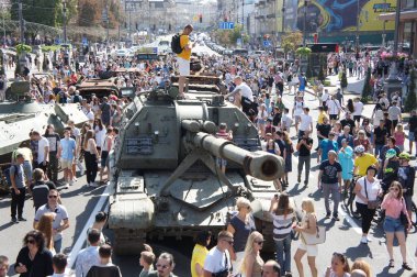 Kyiv, Kyiv Ukraine, August 21 2022: Russian military equipment destroyed. Display for Independence Day parade on Khreshchatyk street