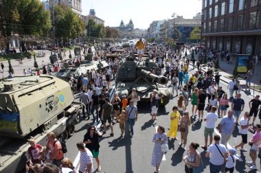 Kyiv, Kyiv Ukraine, August 21 2022: Russian military equipment destroyed. Display for Independence Day parade on Khreshchatyk street
