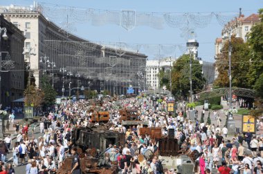 Kyiv, Kyiv Ukraine, August 21 2022: Russian military equipment destroyed. Display for Independence Day parade on Khreshchatyk street