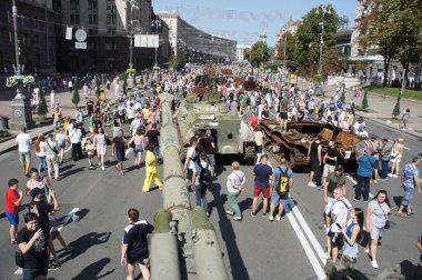 Kyiv, Kyiv Ukraine, August 21 2022: Russian military equipment destroyed. Display for Independence Day parade on Khreshchatyk street