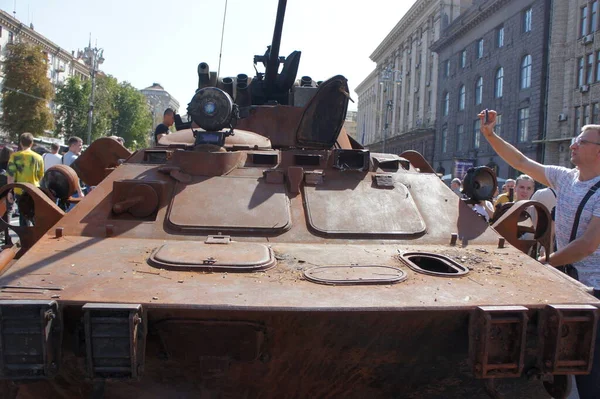 Kyiv, Kyiv Ukraine, August 21 2022: Russian military equipment destroyed. Display for Independence Day parade on Khreshchatyk street