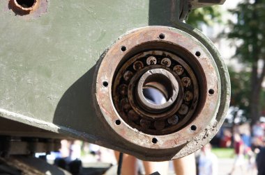 Close-up of details of old destroyed military equipment. Destroyed Russian equipment turned into scrap metal. During the battle, Russian military equipment was destroyed by the Ukrainian army.