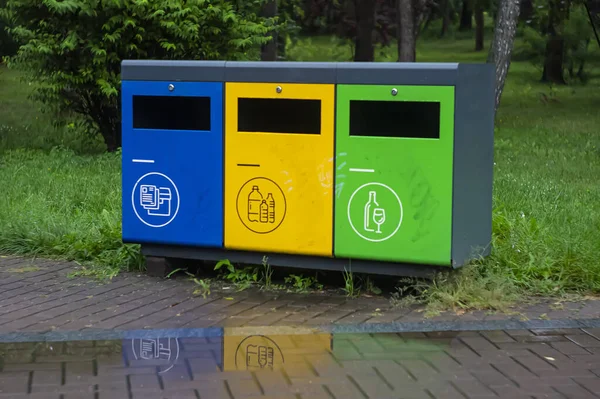 Parktaki çok renkli geri dönüşüm kutuları. Plastik, kağıt ve cam için açık hava çöp kutuları. Sürdürülebilir yaşam tarzı konsepti. Mavi, sarı, yeşil