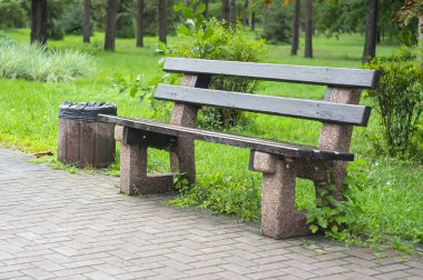 Şehir parkındaki ahşap bank. Bahçedeki bankta ağaçlar var. Baharda güzel bir yeşil şehir parkı