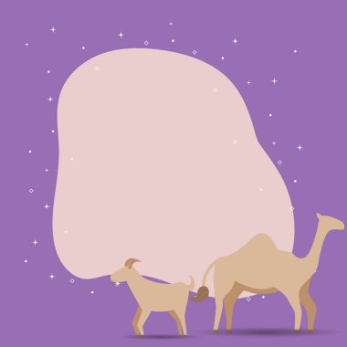 Kurban Bayramı festivali. Kurbanlık deve, koyun, cami ve hilal içeren tebrik kartı..