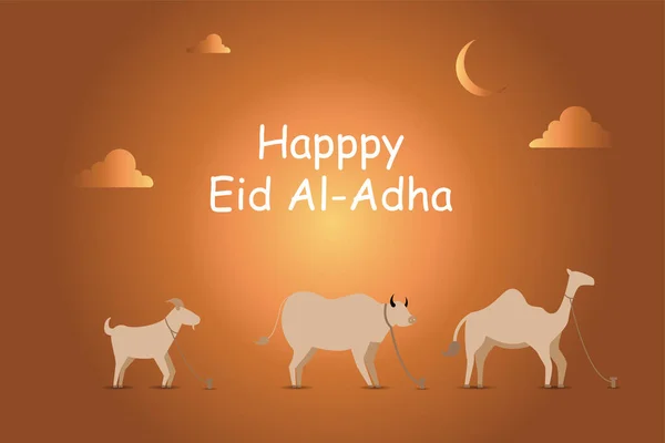 Festival Eid Adha Tarjeta Felicitación Con Camello Sacrificial Oveja Mezquita — Vector de stock