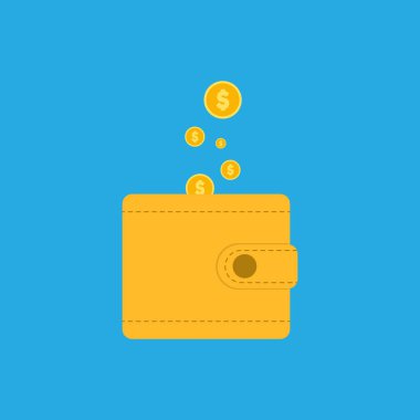 Para iadesi ve ikon konsepti. Cüzdan, dolar ve bozuk para yığını, mavi arka planda online ödemeler.