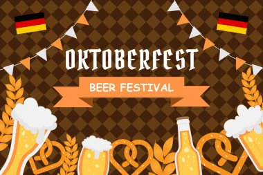 Oktoberfest parti poster illüstrasyon taze koyu bira, simit, sosis ve parlak sarı zemin üzerine mavi ve beyaz parti bayrağı ile. Vektör kutlama flyer şablonu geleneksel Alman bira için