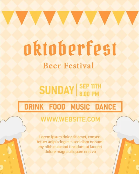 Oktoberfest parti poster illüstrasyon taze koyu bira, simit, sosis ve parlak sarı zemin üzerine mavi ve beyaz parti bayrağı ile. Vektör kutlama flyer şablonu geleneksel Alman bira için