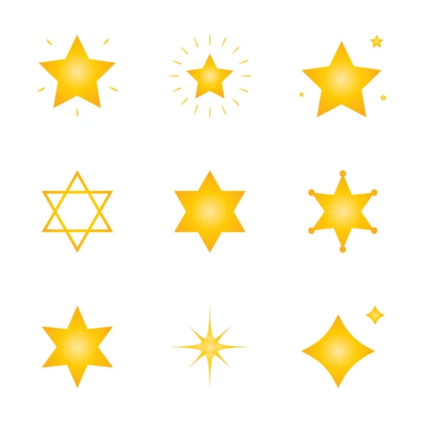 Yellow Gold Orange Sparkles Star Icons Collection Bright Firework Decoration — Stock Vector