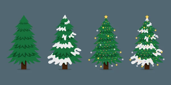 Noel ağaçları çizgi film koleksiyonu. Yılbaşı ve Xmas geleneksel çelenkleri, ampulü, yıldızı olan sembol ağacı. Kış tatili.