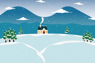 Kış manzarası. Köknar ağaçları, kozalaklı orman, ev, kar yağışı kış ve yeni yıl için orman manzarası olan karlı bir gün. Tatil kış manzarası. Noel vektörü arkaplanı.