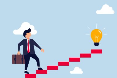 İş dünyasının yaratıcılığı, iş adamı elektrik hattında yürümeye başlar büyük fikir ampulüne giden merdiven gibi.