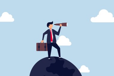 Küreselleşme, küresel iş vizyonu. Zeki iş adamı, dünya gezegeninde teleskop kullanarak geleceği görebiliyor..