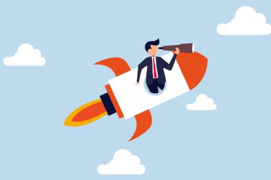 Gelecekteki vizyonu görmek ve iş konseptini başlatmak için liderlik. Akıllı güven sahibi iş adamı. Teleskop kullanarak roket penceresi açıyor..